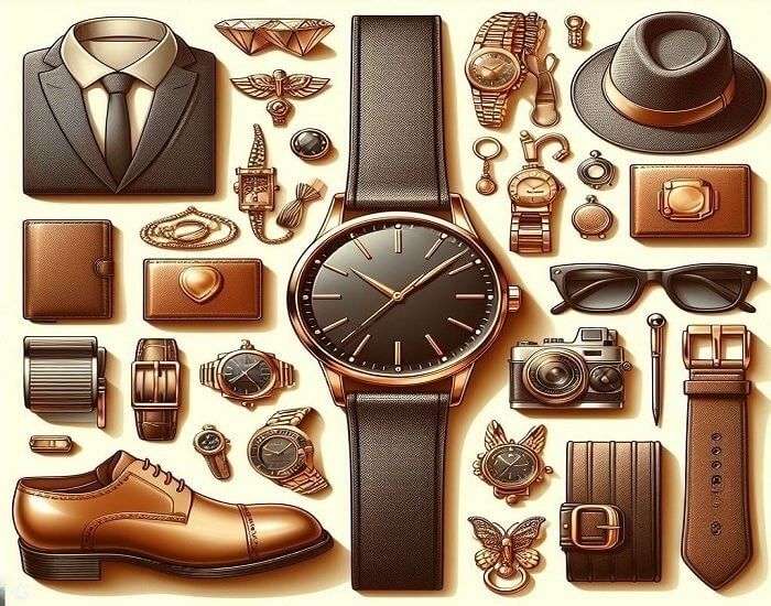 A collection of accessories: watch, jewelry, cloth, shoe, hat, sunglass, and more